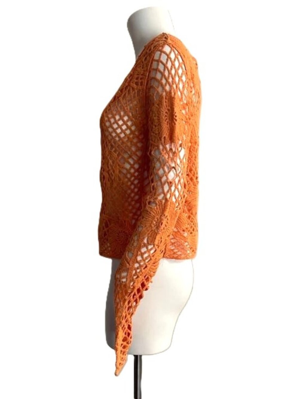Paparazzi Crochet Mesh Open Knit Top Orange Med Long Sleeve Boho Festival Beach - Picture 3 of 16